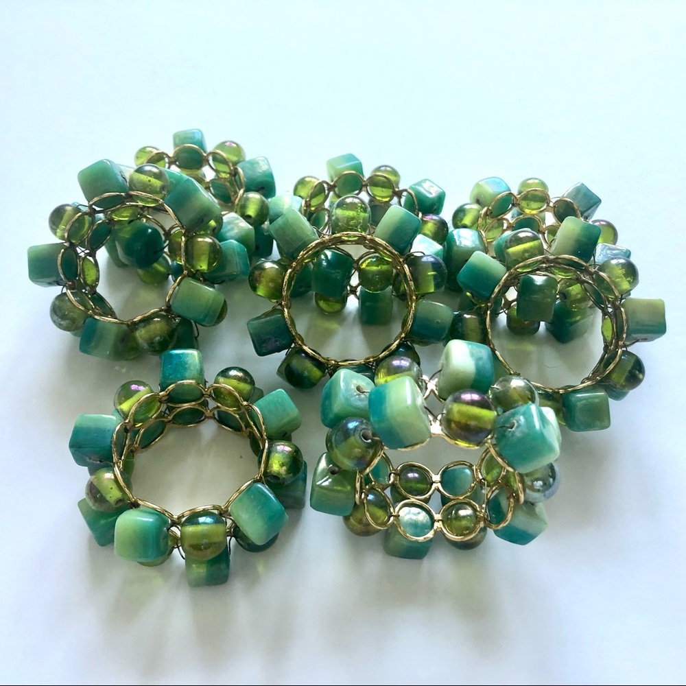 Set (8) Pier 1 Beaded Napkin Rings Green Blue Gold
